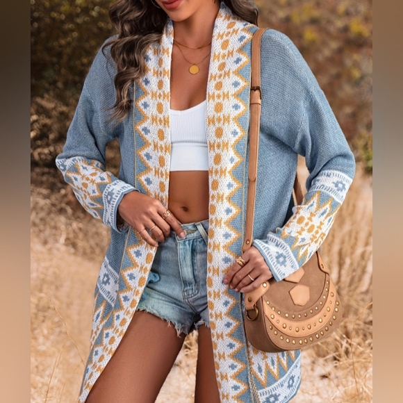 Chic Blue Aztec Cardigan Sweater Boutique Item - Picture 7 of 13